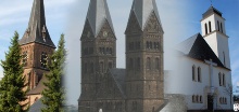 Man sieht Fotos von drei Kirchen in einer Collage nebeneinander